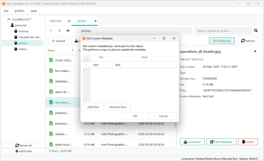 Easy Cloudflare R2 file metadata edit screen