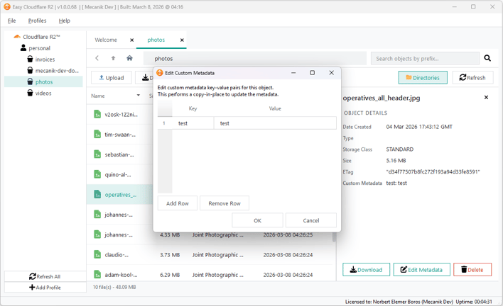 Easy Cloudflare R2のファイルメタデータ編集画面