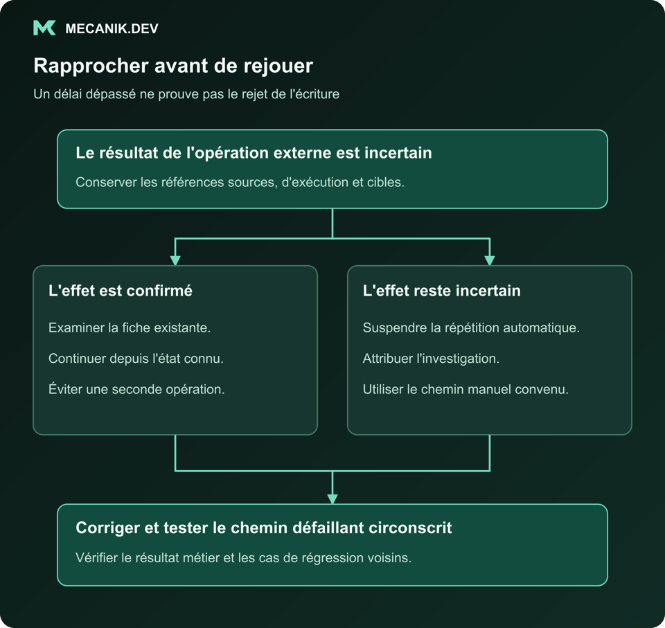 Rapprocher avant de rejouer. Le résultat de l'opération externe est incertain. L'effet est confirmé ou reste incertain. Corriger et tester le chemin défaillant circonscrit.