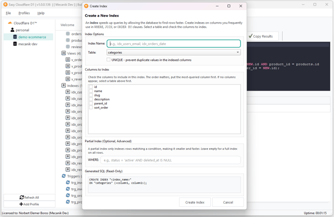 Finestra di creazione indice Easy Cloudflare D1 con selezione colonne e anteprima SQL