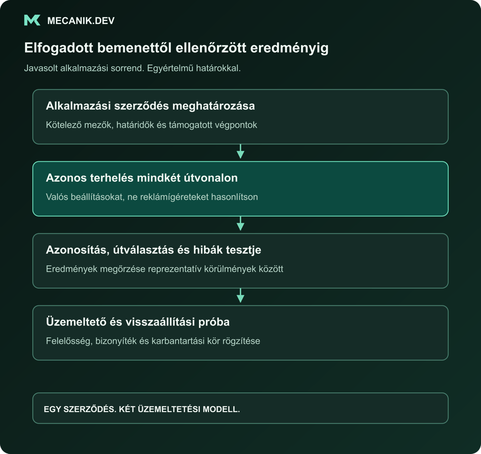 Javasolt sorrend: alkalmazási szerződés meghatározása. Ugyanaz a terhelés mindkét útvonalon. Azonosítás, útválasztás és hibák tesztelése. Üzemeltető kiválasztása és visszaállítás próbája.