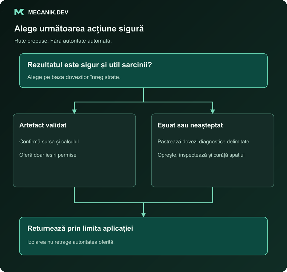 Decizie propusă: rezultatul este sigur și util sarcinii? Artefact validat sau eșuat ori neașteptat. Returnează prin limita aplicației.