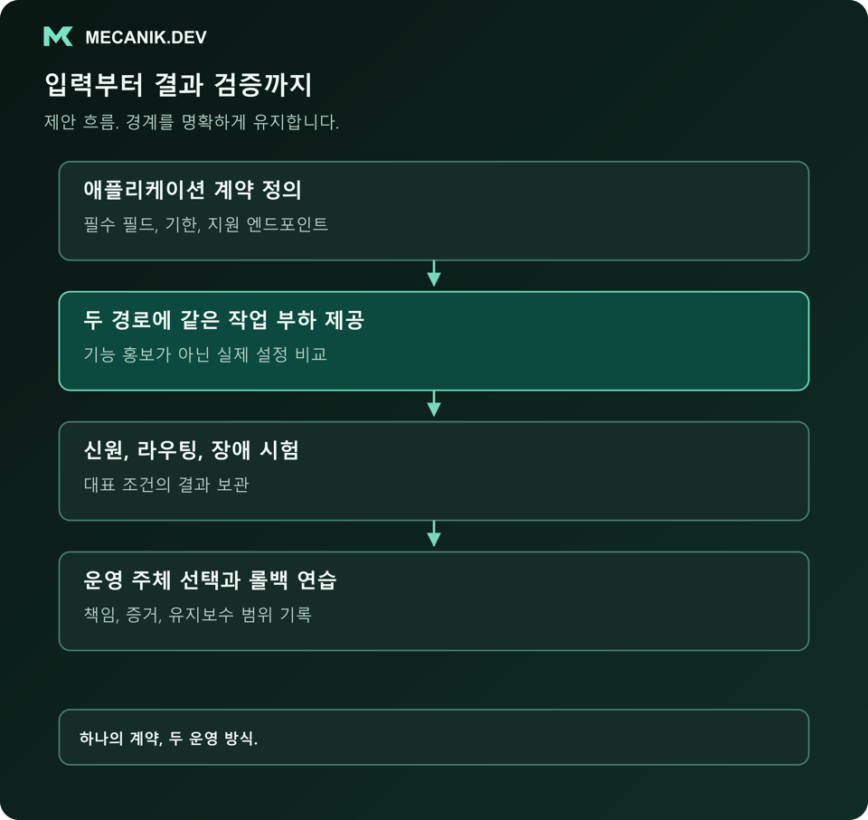 제안 흐름: 애플리케이션 계약을 정의하고 두 경로에 같은 부하를 제공한 뒤 신원, 라우팅, 장애를 시험하고 운영 주체와 롤백을 확인합니다.