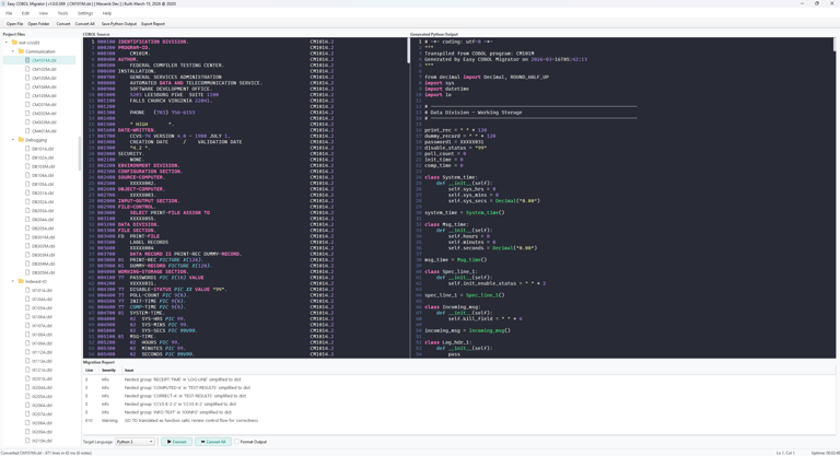 Editor cu panou dublu Easy COBOL Migrator cu codul sursa COBOL in stanga si codul Python 3 generat in dreapta