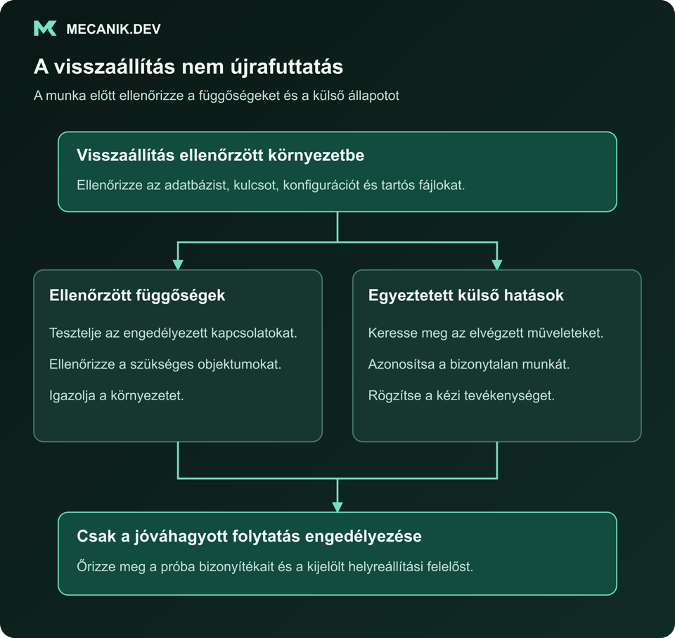 A visszaállítás nem azonos az újrafuttatással. Visszaállítás ellenőrzött környezetbe. Ellenőrzött függőségek és egyeztetett külső hatások. Csak a jóváhagyott folytatás engedélyezése.