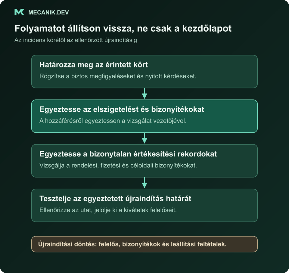 Javasolt helyreállítási sorrend: az érintett kör meghatározása, elszigetelés és bizonyítékok koordinálása, bizonytalan értékesítési rekordok egyeztetése, majd korlátozott újraindítás tesztelése kijelölt döntéshozóval.