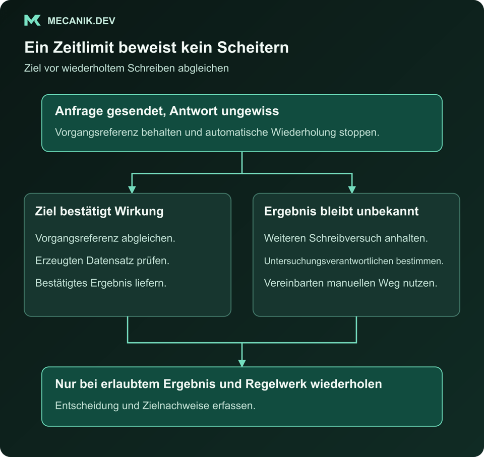 Eine Anfrage mit bekanntem Ergebnis kann enden. Ein ungewisses Ergebnis wartet auf die Zielprüfung vor Wiederholung oder Eskalation.