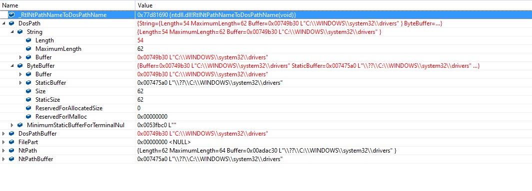 RtlNtPathNameToDosPathName Debug 2
