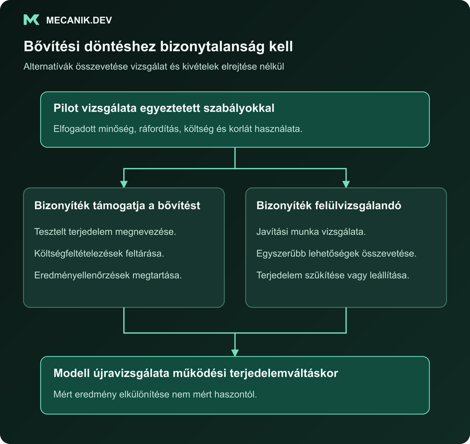 Bővítési döntéshez bizonytalanság kell. Pilot vizsgálata egyeztetett szabályokkal. Bővítést támogató vagy felülvizsgálandó bizonyíték. Modell újravizsgálata működési terjedelemváltáskor.