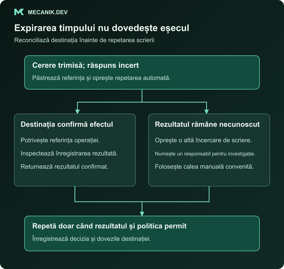 O cerere cu rezultat cunoscut se poate încheia, iar rezultatul incert așteaptă inspectarea destinației înainte de repetare sau escaladare.