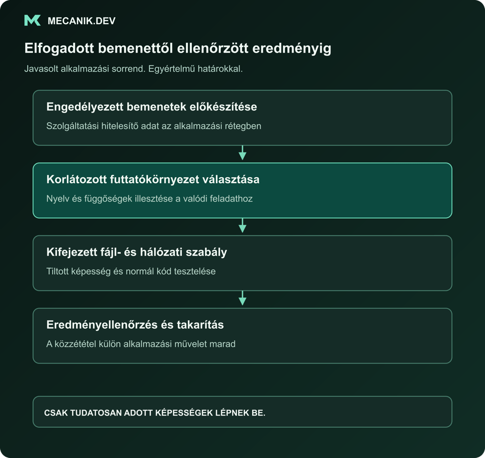 Javasolt sorrend: engedélyezett feladatbemenetek előkészítése. Korlátozott végrehajtási környezet választása. Futtatás kifejezett fájl- és hálózati szabállyal. Eredményellenőrzés és takarítás.
