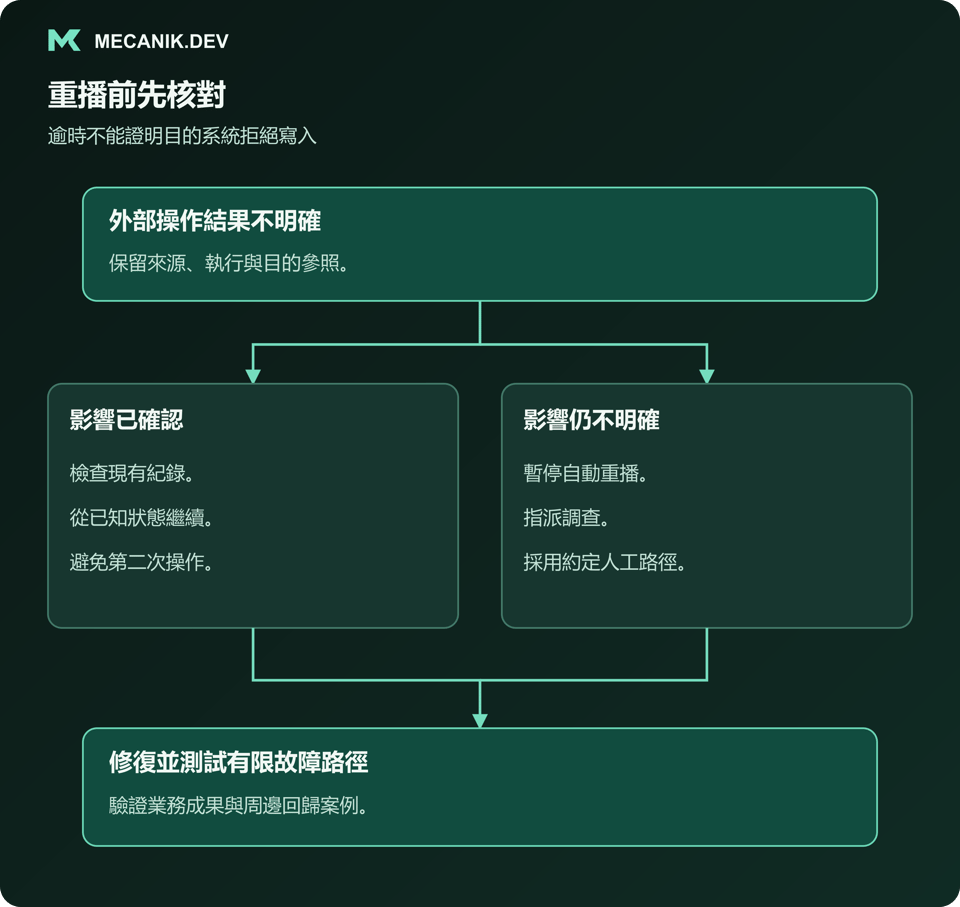 重播前先核對：外部操作結果不明確，區分影響已確認及仍不明確，修復並測試有限範圍故障路徑。