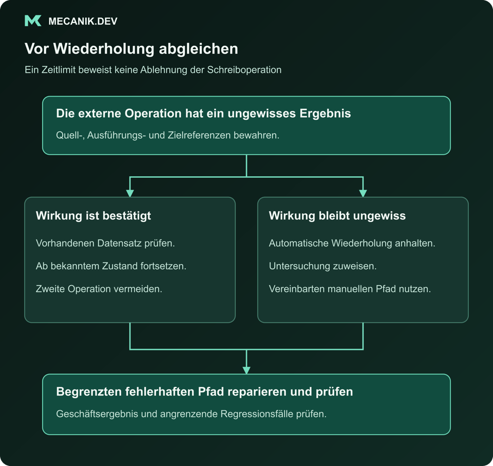 Vor der Wiederholung abgleichen. Die externe Operation hat ein ungewisses Ergebnis. Die Wirkung ist bestätigt oder bleibt ungewiss. Den abgegrenzten fehlerhaften Pfad reparieren und prüfen.