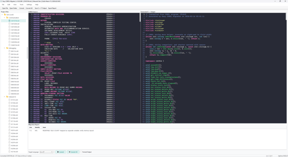 Easy COBOL Migrator dual-pane editor with COBOL source on the left and generated C++ 17 output on the right