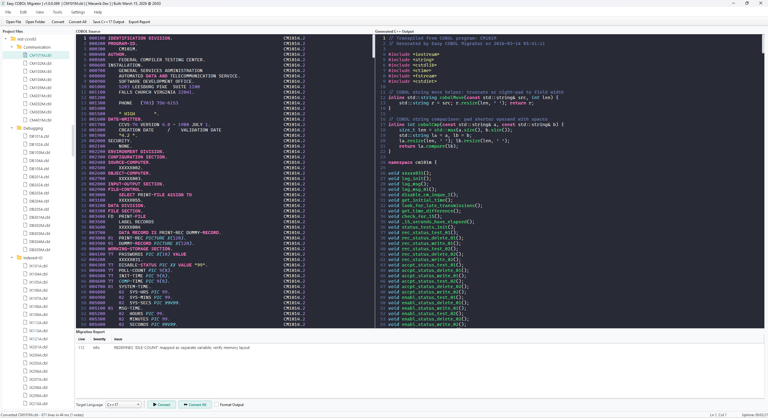 Editor cu panou dublu Easy COBOL Migrator cu codul sursa COBOL in stanga si codul C++ 17 generat in dreapta