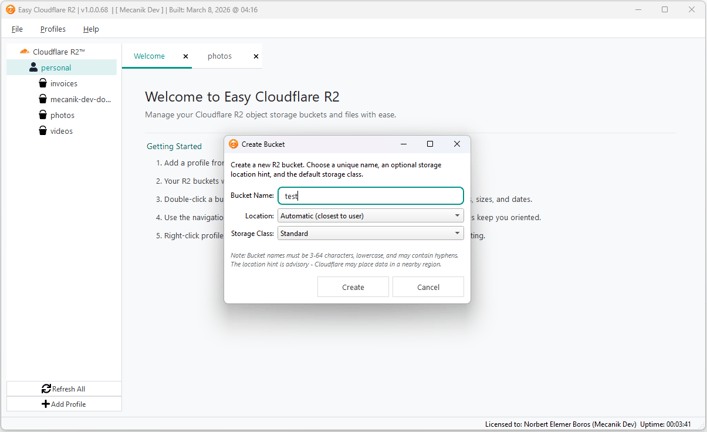 Easy Cloudflare R2のバケット作成画面