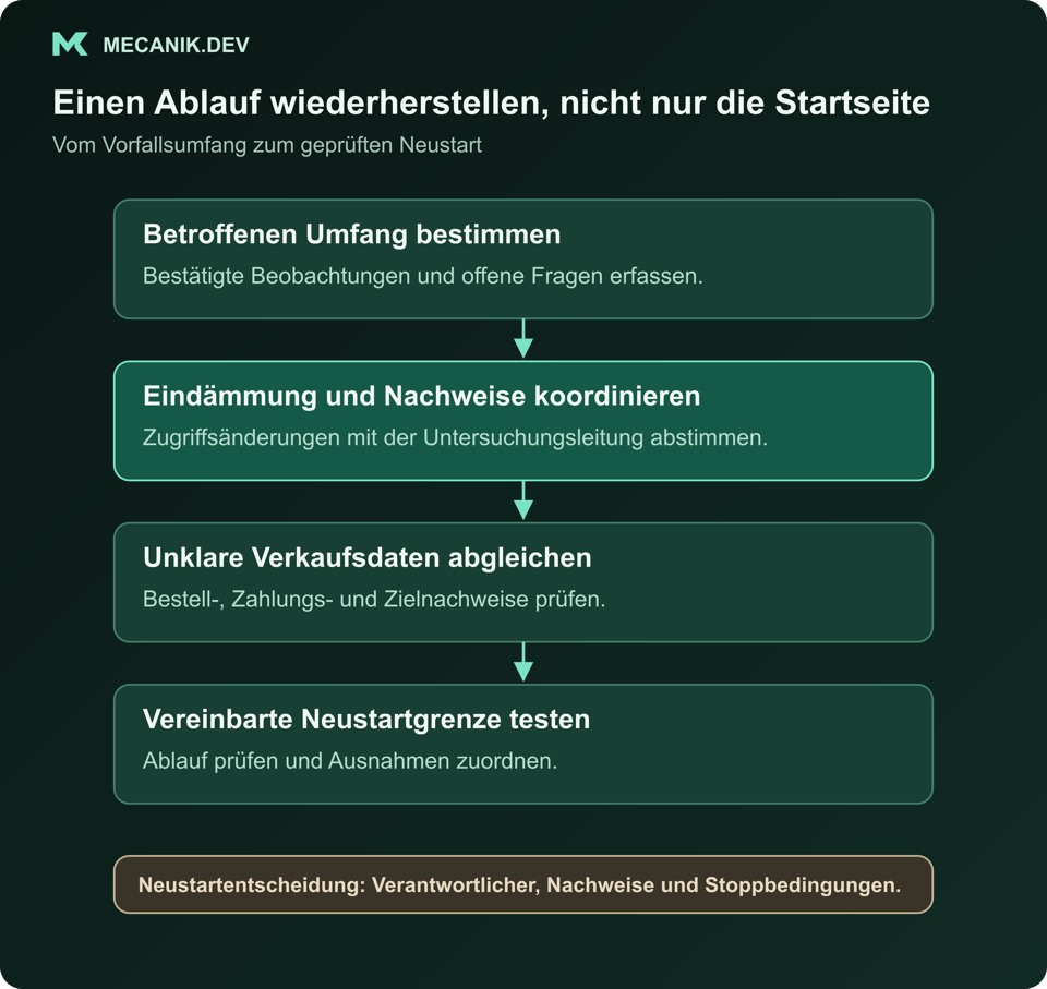Vorgeschlagener Wiederherstellungsablauf: Umfang bestimmen, Eindämmung und Nachweise koordinieren, unklare Verkaufsdaten abgleichen und einen begrenzten Neustart mit einem benannten Verantwortlichen testen.