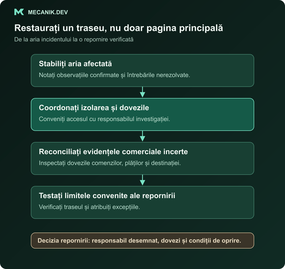 Secvență propusă de recuperare: definiți aria afectată, coordonați izolarea și dovezile, reconciliați evidențele incerte și testați o repornire limitată cu un responsabil desemnat.