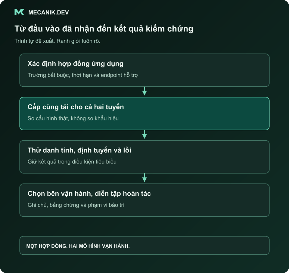Trình tự đề xuất: xác định hợp đồng ứng dụng, cấp cùng tải cho hai tuyến, thử danh tính, định tuyến và lỗi, chọn bên vận hành và diễn tập hoàn tác.
