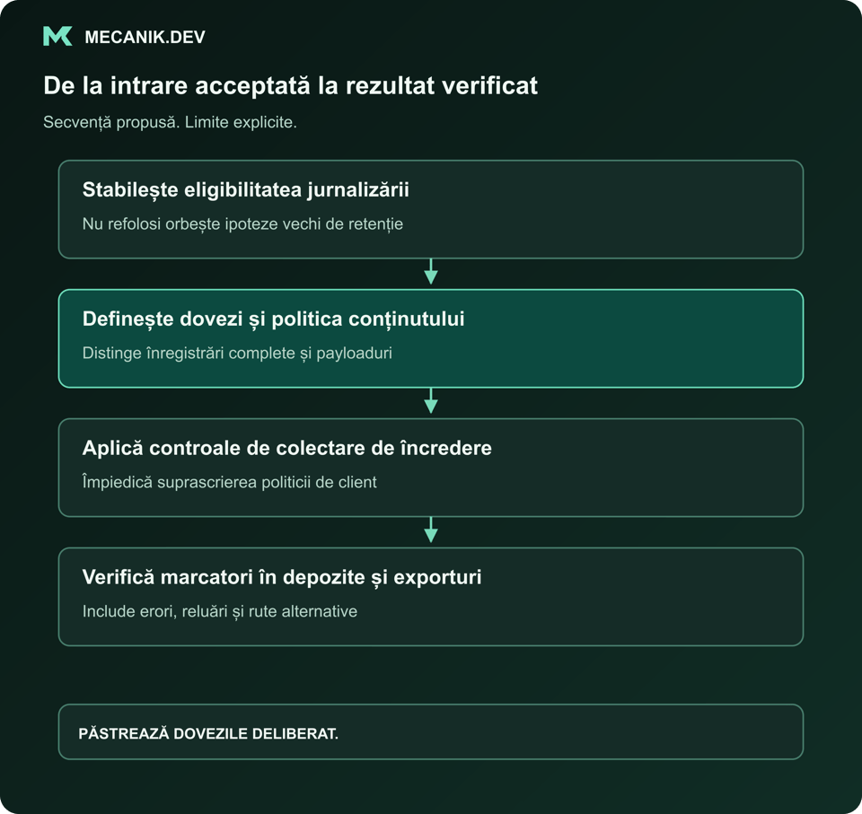 Secvență propusă: stabilește eligibilitatea, definește dovezi și politica conținutului, aplică controale de încredere și verifică marcatori în depozite și exporturi.