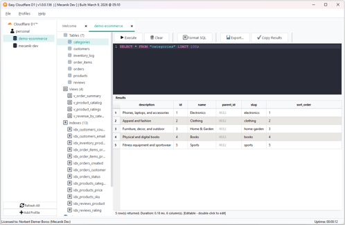 Easy Cloudflare D1 SQL query editor with syntax highlighting and paginated results grid