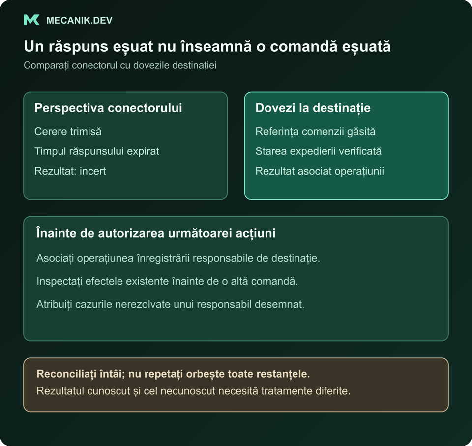 Expirare ipotetică a răspunsului conectorului comparată cu dovezile destinației. Asociați referințele operațiunilor și inspectați efectele existente înainte de repetare; atribuiți rezultatele necunoscute unui responsabil.