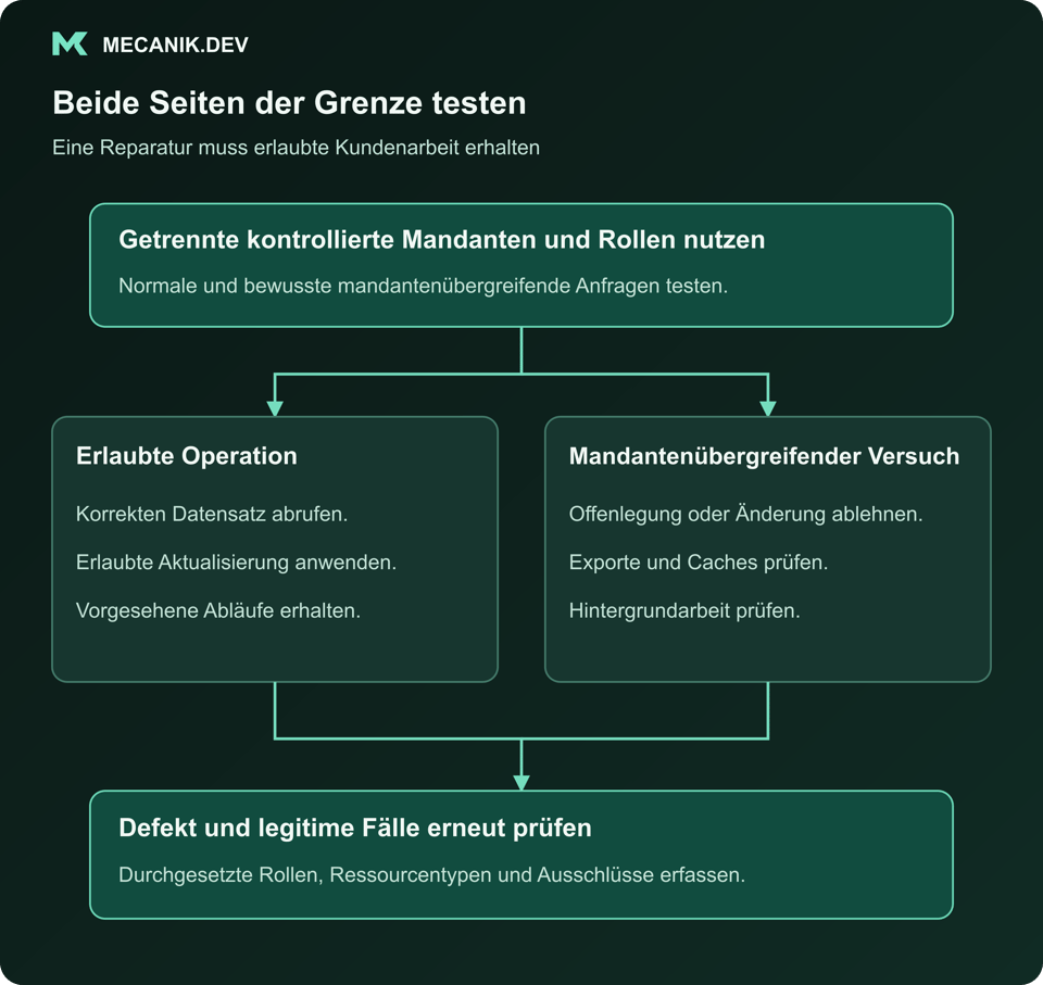 Beide Seiten der Grenze testen. Getrennte kontrollierte Mandanten und Rollen verwenden. Erlaubte Operation und mandantenübergreifender Versuch. Den Defekt und legitime Fälle erneut prüfen.