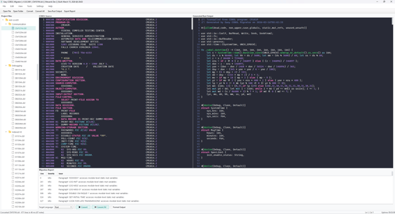 Easy COBOL Migrator dual-pane editor with COBOL source on the left and generated Rust output on the right