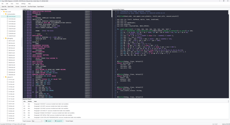 Editor cu panou dublu Easy COBOL Migrator cu codul sursa COBOL in stanga si codul Rust generat in dreapta