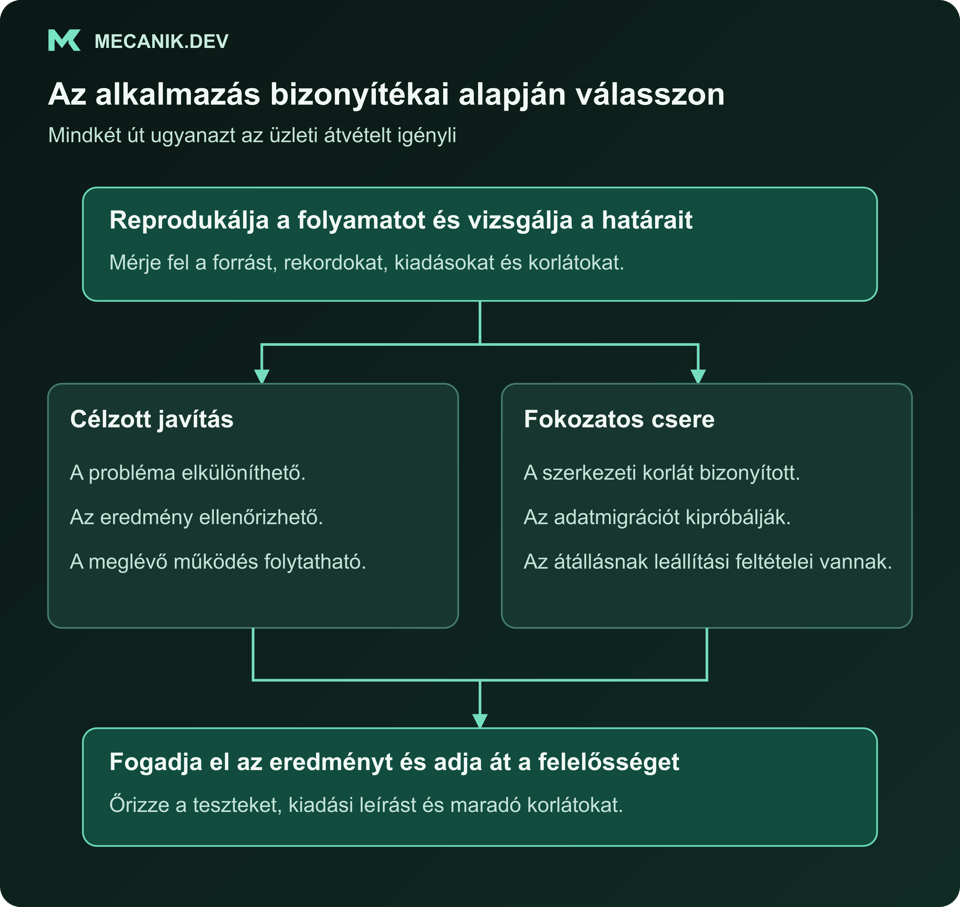 A felmérés célzott javításhoz vagy fokozatos cseréhez vezet; mindkettő átvételt és működési átadást igényel.