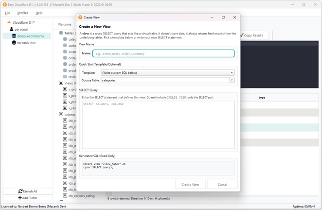 Finestra di creazione vista Easy Cloudflare D1 con editor SQL e anteprima DDL