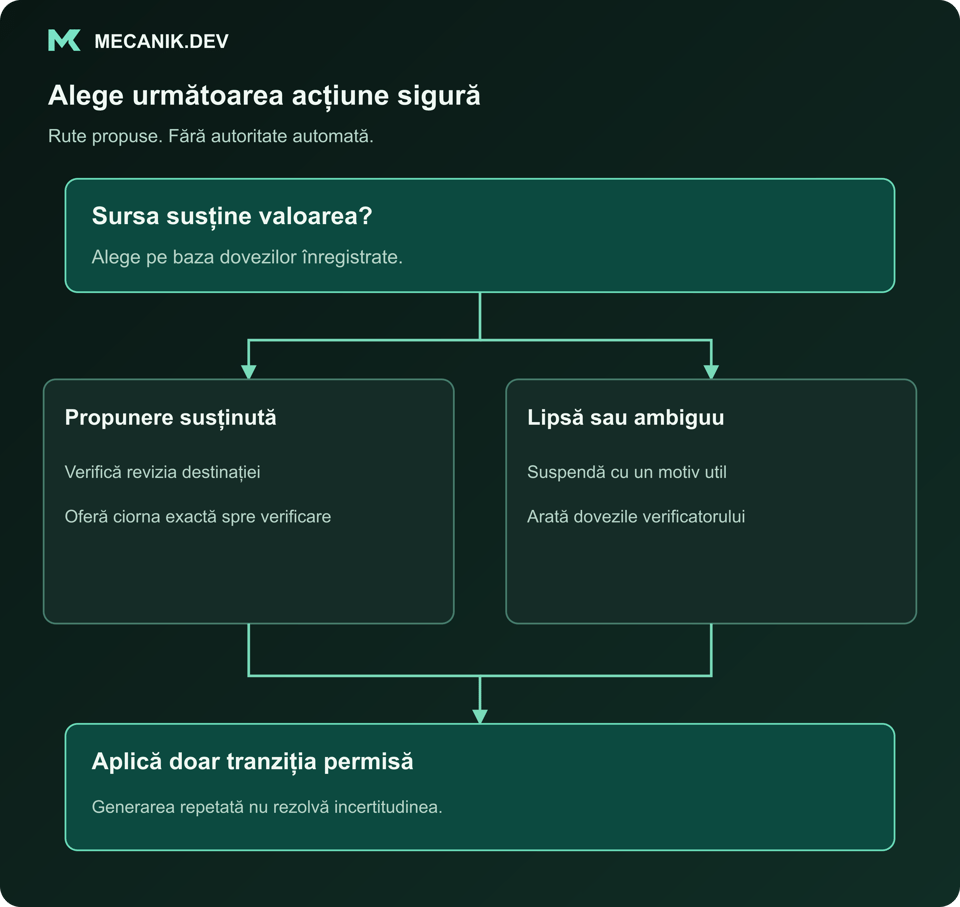 Decizie propusă: sursa susține valoarea? Propunere susținută sau dovezi absente ori ambigue. Aplică numai tranziția permisă.