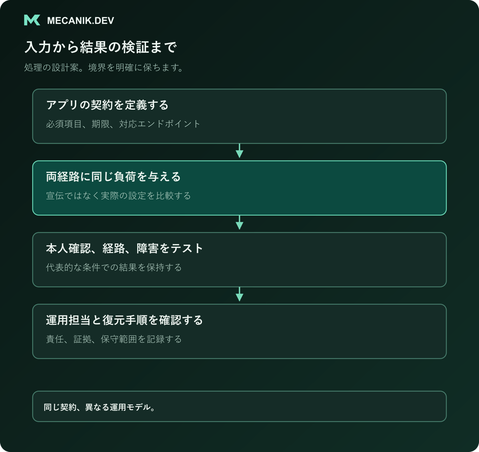 設計案の手順：アプリケーション契約を定義し、両経路に同じ負荷を与え、本人確認、ルーティング、障害をテストして、運用担当とロールバックを確認します。