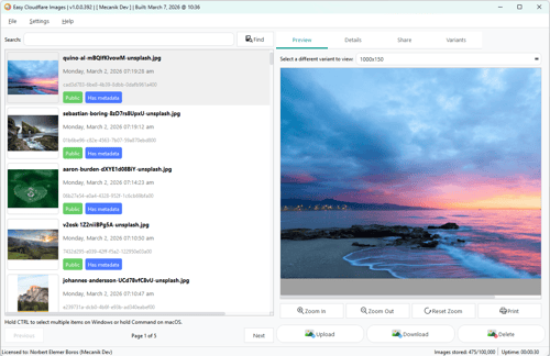Dashboard di Easy Cloudflare Images con libreria immagini e funzionalità di caricamento in blocco e gestione