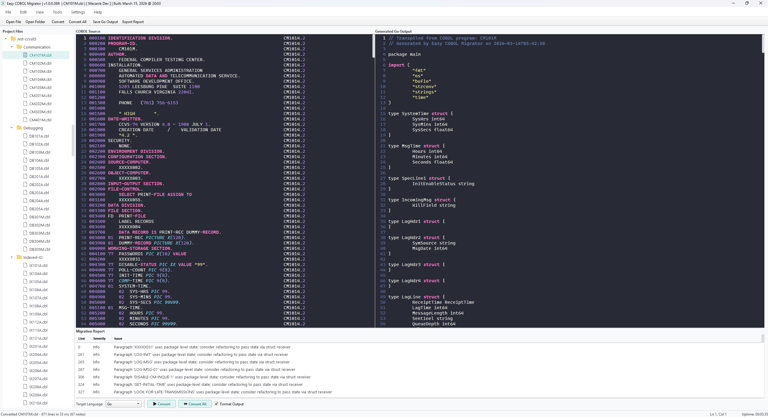 Editor cu panou dublu Easy COBOL Migrator cu codul sursa COBOL in stanga si codul Go generat in dreapta