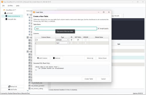 Easy Cloudflare D1 visual Create Table dialog with column definitions and live SQL preview