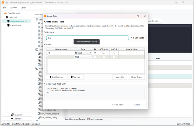 Finestra visuale di creazione tabella Easy Cloudflare D1 con definizioni delle colonne e anteprima SQL