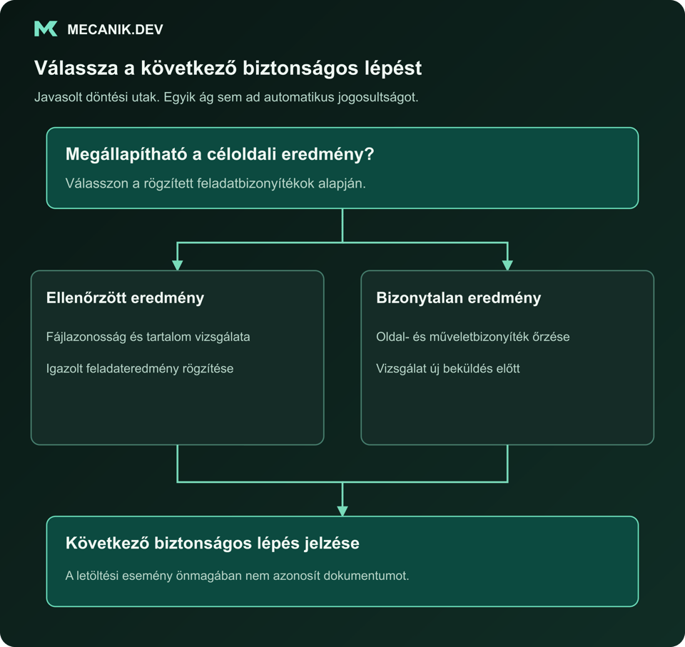 Javasolt döntés: megállapítható a céloldali eredmény? Ellenőrzött vagy bizonytalan eredmény. Következő biztonságos lépés jelentése.