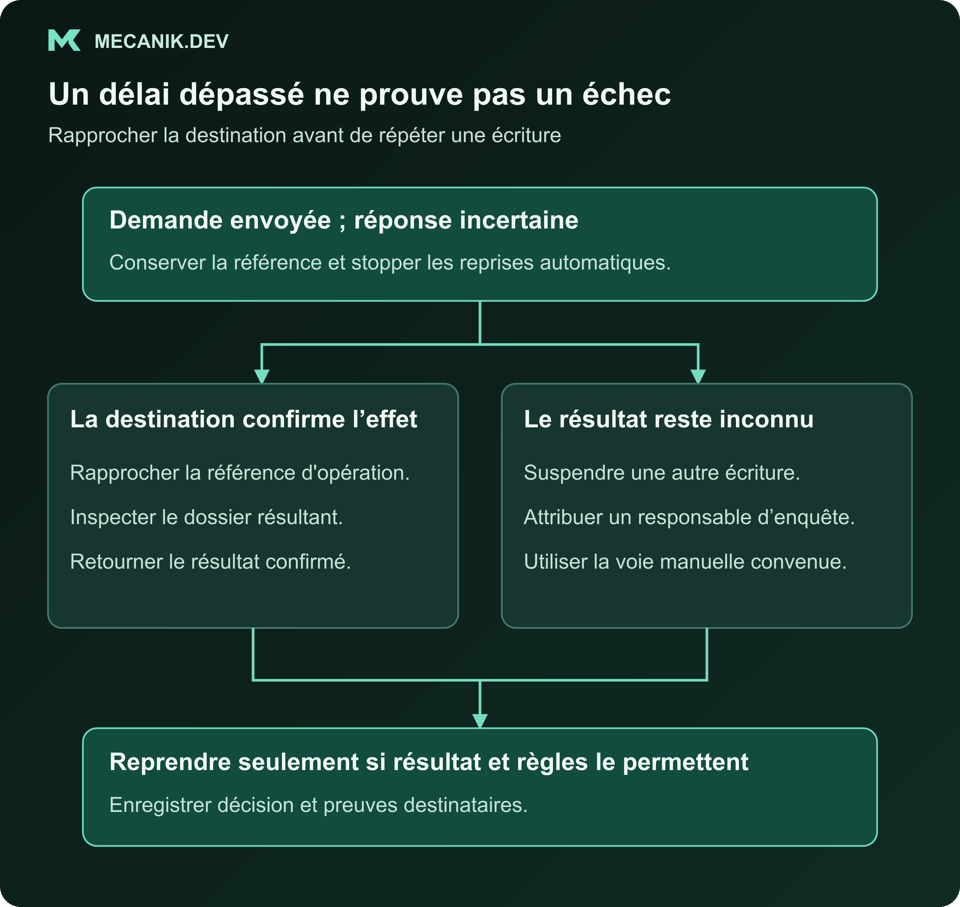 Une demande au résultat connu peut terminer ; un résultat incertain attend l'inspection destinataire avant reprise ou escalade.