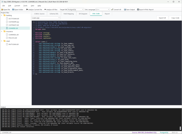 Easy COBOL DB Migrator - generierte C++-Entity-Klassen aus LOANDB2.cbl