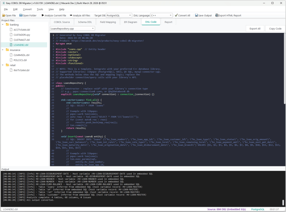 Easy COBOL DB Migrator - generierte C++-Repository-Klassen aus LOANDB2.cbl