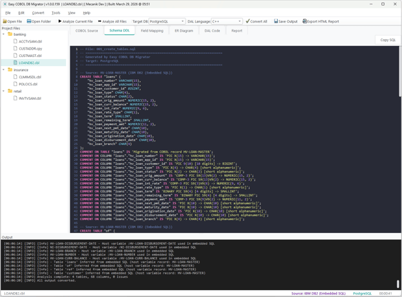 Easy COBOL DB Migrator - generiertes PostgreSQL-Schema-DDL aus LOANDB2.cbl