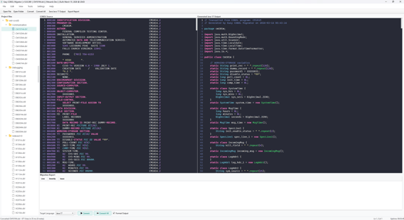 Easy COBOL Migrator dual-pane editor with COBOL source on the left and generated Java 17 output on the right