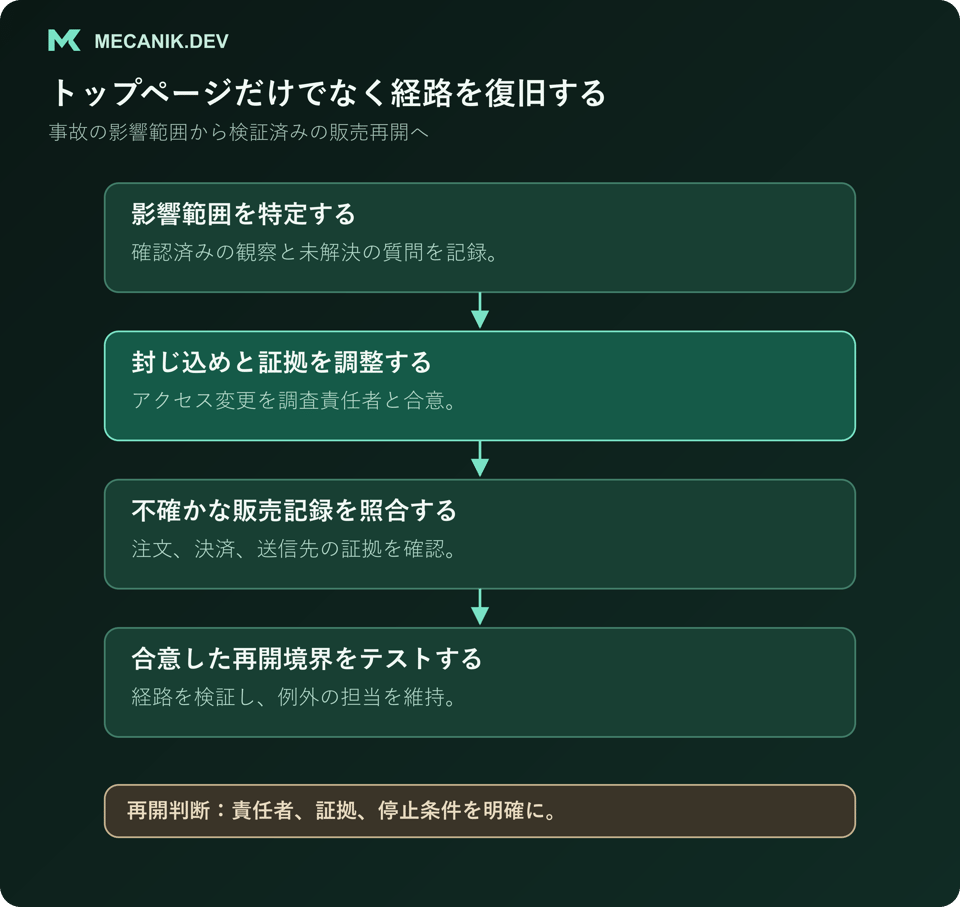 復旧の提案順序：影響範囲の特定、封じ込めと証拠の調整、不確かな取引記録の照合、選任した判断責任者による限定再開のテスト。