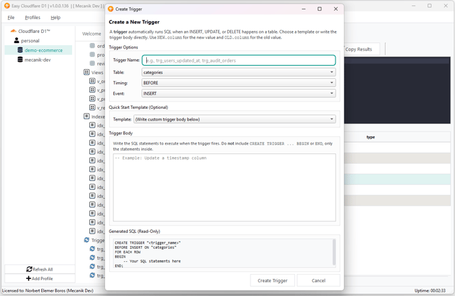 Finestra di creazione trigger Easy Cloudflare D1 con impostazioni evento e anteprima SQL