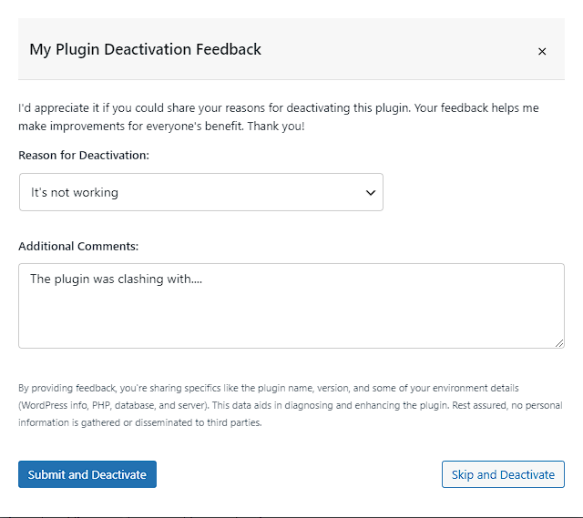 WordPress Plugin Deactivation Feedback