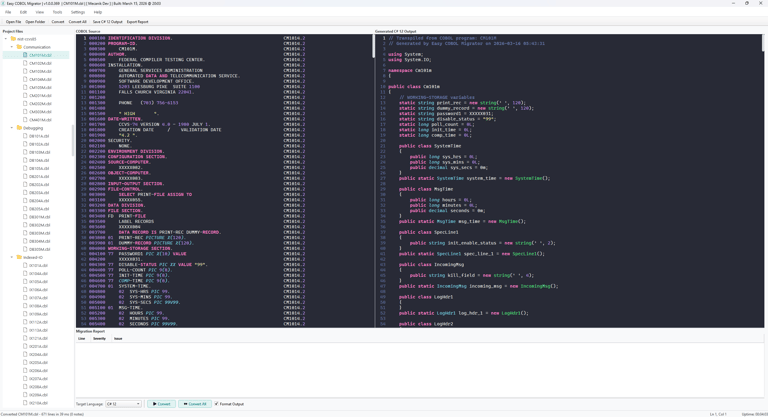 Editor cu panou dublu Easy COBOL Migrator cu codul sursa COBOL in stanga si codul C# 12 generat in dreapta