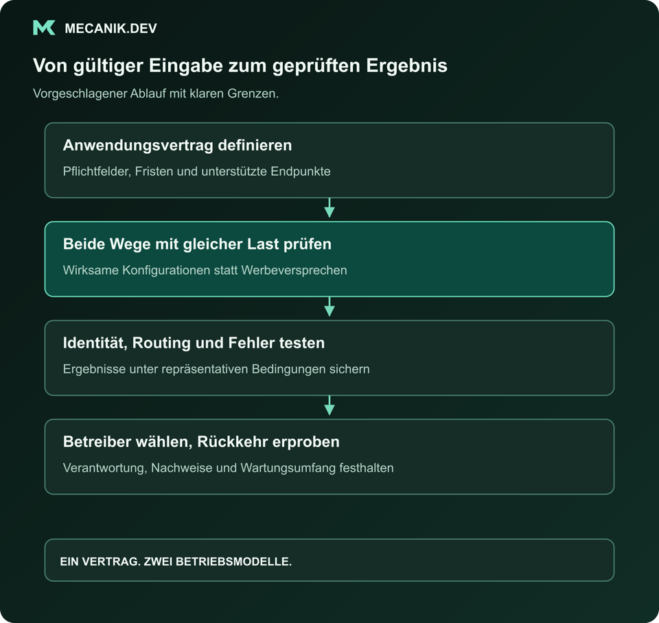 Vorgeschlagene Abfolge: Anwendungsvertrag definieren. Beide Wege mit derselben Arbeitslast prüfen. Identität, Routing und Fehler testen. Betreiber wählen und Rückkehr erproben.