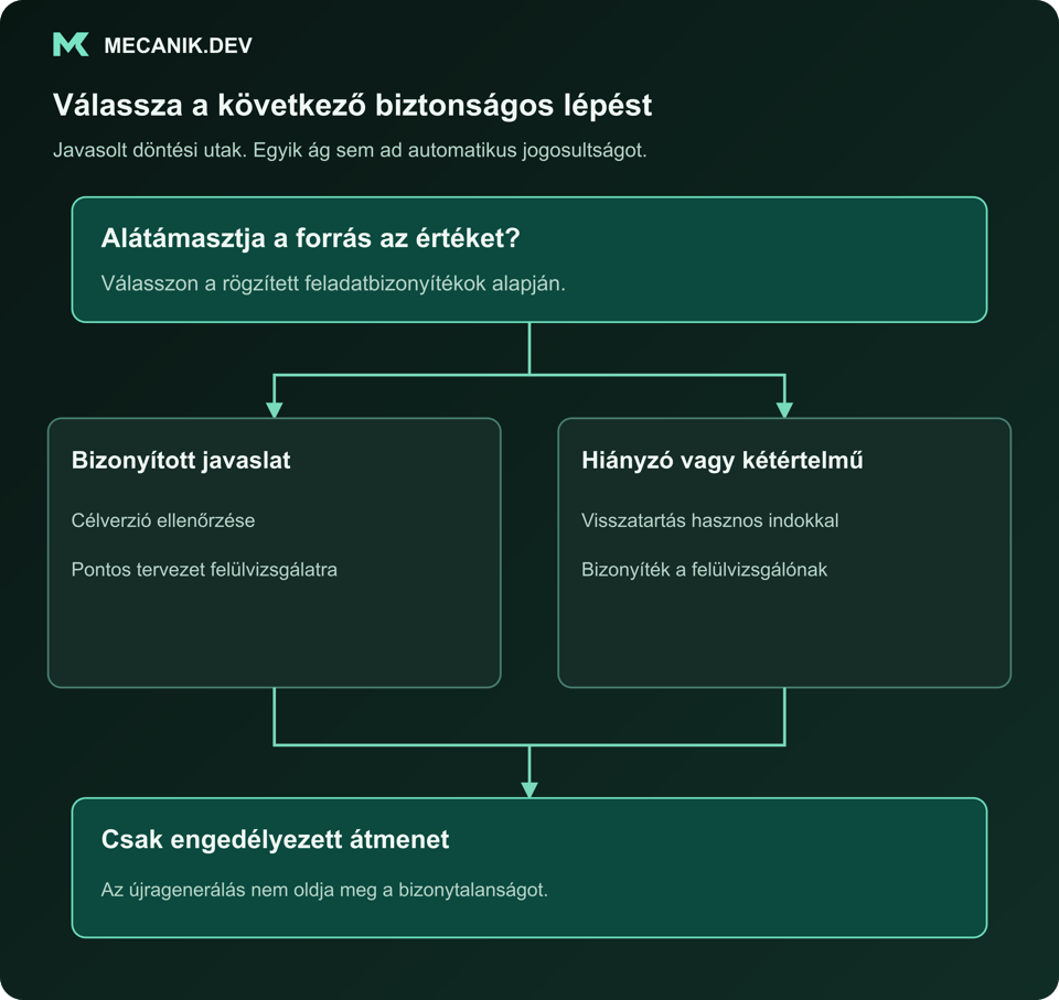 Javasolt döntés: alátámasztja a forrás az értéket? Bizonyított javaslat vagy hiányzó, illetve kétértelmű adat. Csak az engedélyezett átmenet alkalmazható.