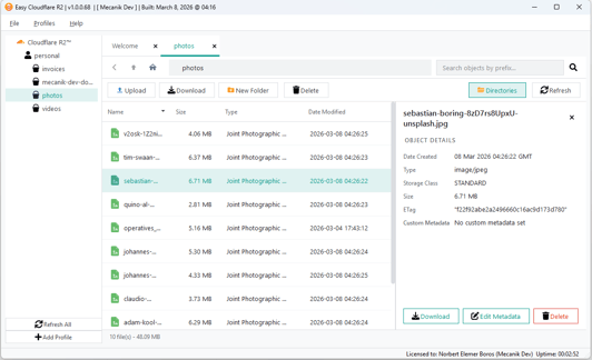Easy Cloudflare R2 dashboard showing files in a bucket